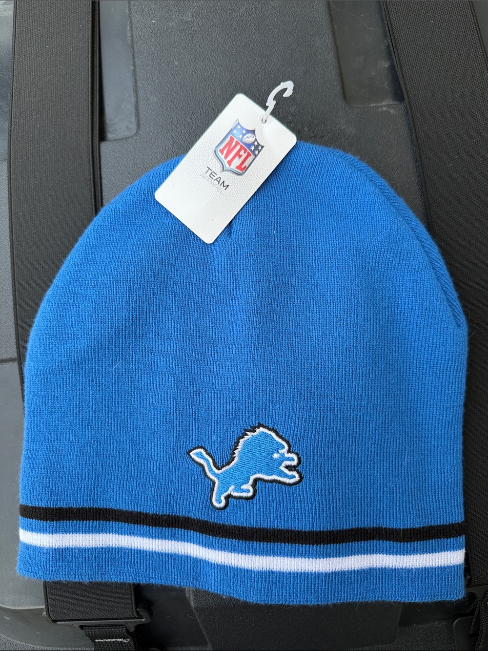 NFL Blue Knit Beanie with Black and White Stripes Detroit Lions